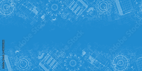 Mechanical engineering drawings on blue background. Cutting tools, milling cutter. Technical Design. Cover. Blueprint. Horizontal seamless pattern. Vector illustration.