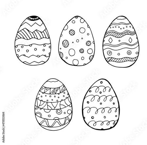 Easter eggs Hand drawn in line decorative elements in vector for coloring book and greeting card. Black and white