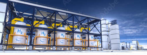 Obraz na płótnie Hydrogen renewable energy production - hydrogen gas for clean electricity solar and windturbine facility. 3d rendering. w salonie