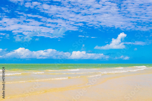 Fototapeta Naklejka Na Ścianę i Meble -  Beautiful Holbox island beach sandbank panorama turquoise water waves Mexico.