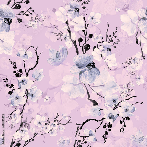  Abstract seamless drawn pattern exotic lovely orchid flowers 