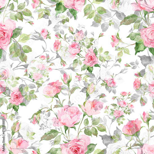 Abstract seamless pattern delicate roses drawn on paper paints
