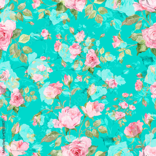 Abstract seamless pattern delicate roses drawn on paper paints