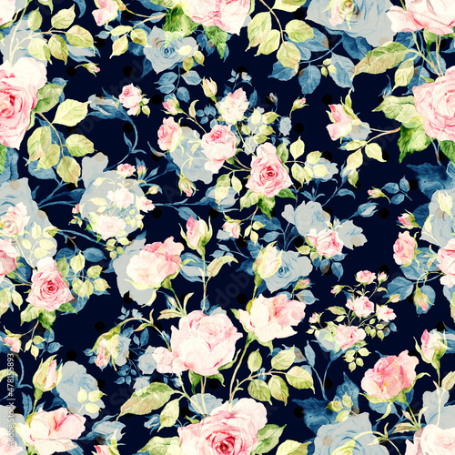 Abstract seamless pattern delicate roses drawn on paper paints