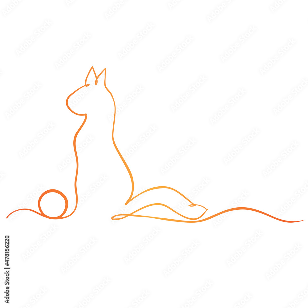 Red cat with ball of thread one line banner border hand drawn dor card design Red cat with ball of thread one line banner border hand drawn dor card design