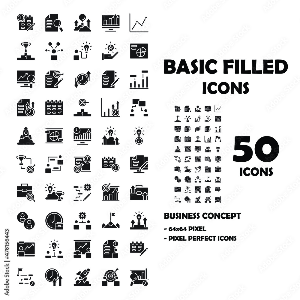 50 Icons set of Business solid icons. Such as paper, calender, light bulb, etc. Signs for infographic, logo, app and website design. 64x64 pixel perfect. Black basic filled symbols set.