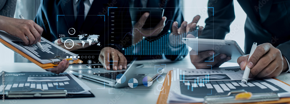 Business people hands working on network and digital finance marketing ...