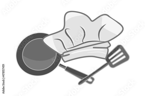 Chef logo isolated on white background.Restaurant or bistro symbol with chef hat, frier and spatula.Emblem for cooking school class or cooking cuisine course.Chef master sign.Stock vector illustration
