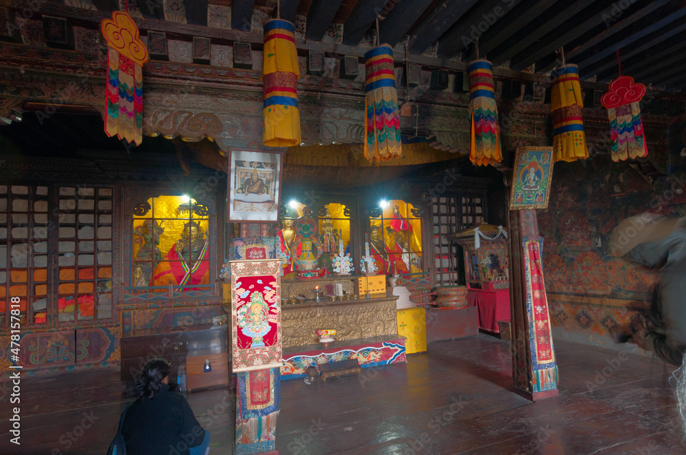 Decorated interior view of Sangchen Dorjee Monastery - Sikkim , India