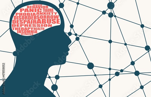Head of man with keyhole and mental health relative tags cloud