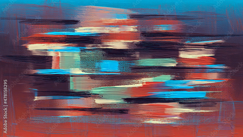 Naklejka premium Colorful horizontal paint strokes, oil painting on canvas. Abstract grungy background, red and blue
