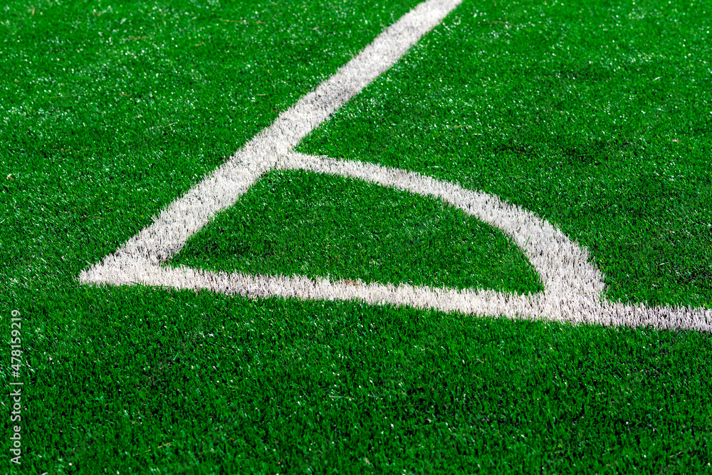 soccer field markings. football field. corner green grass field for soccer . Artificial turf soccer stadium