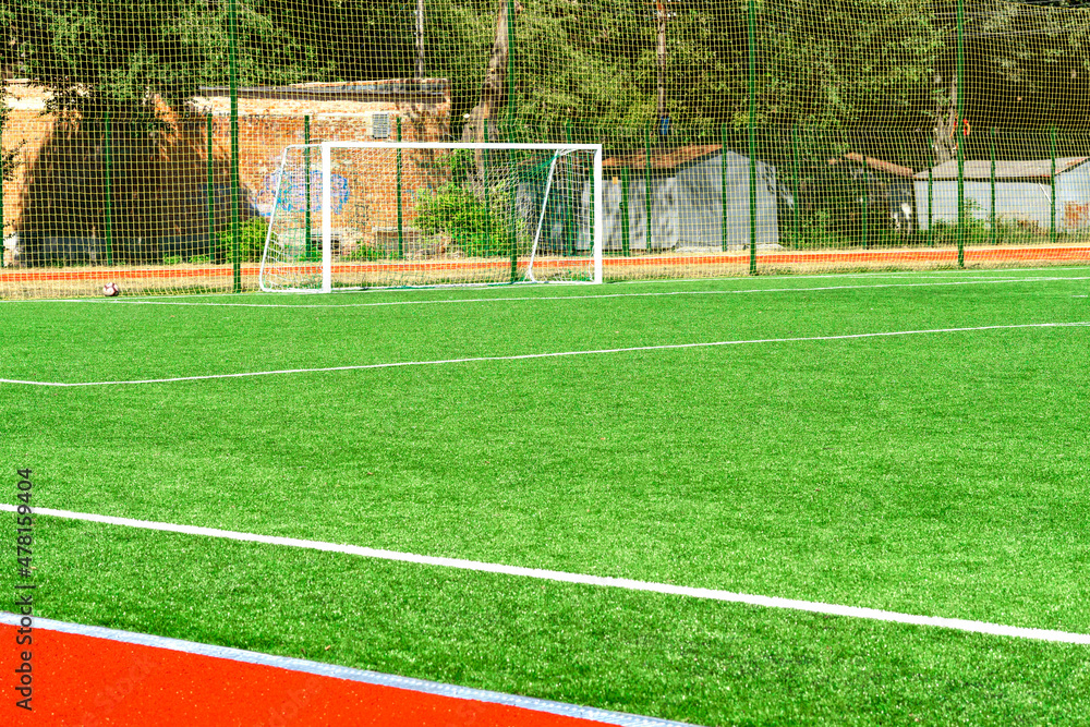 Fototapeta premium soccer gates. Football goal at the stadium. Football field with artificial lawn. Concept other party of soccer. At stadium.