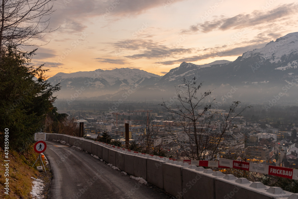 Vaduz, Liechtenstein, December 14, 2021 View over the surroundings after sunset