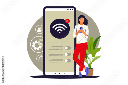 No connection concept. No internet, search wireless network signal on mobile phone. Vector illustration. Flat.