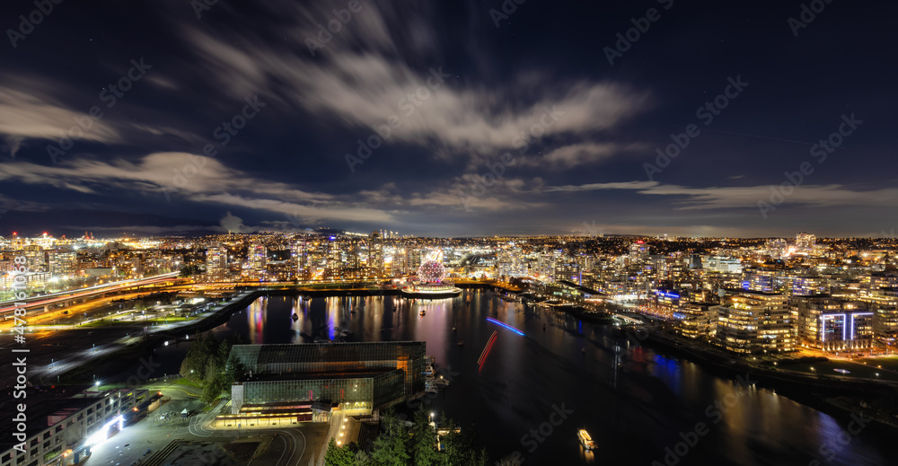 Aerial View of Downtown Vancouver City during night time. False Creek Area, British Columbia, Canada. Modern Cityscape