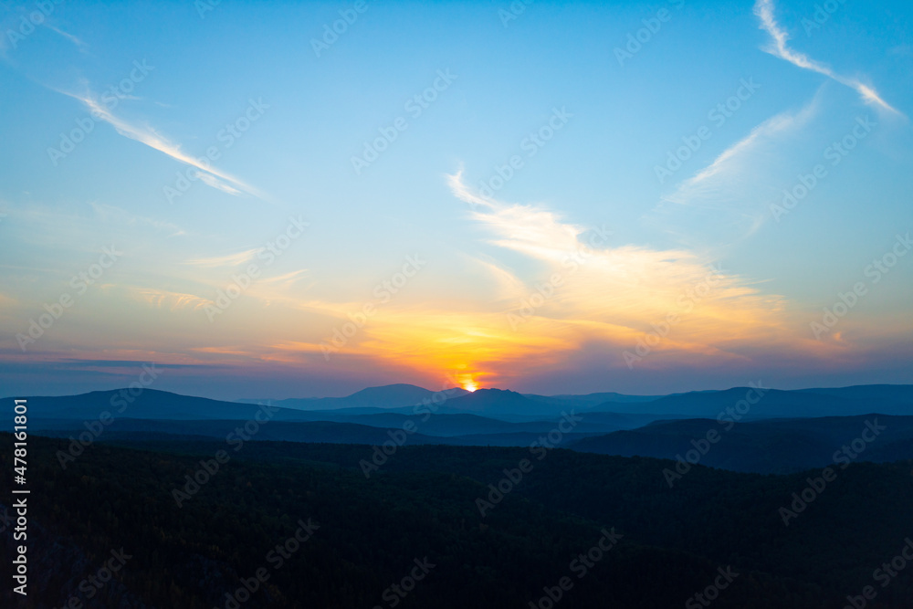 Sunrise landscape of foggy and cloudy mountain top view