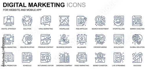 Simple Set Business and Marketing Line Icons for Website and Mobile Apps. Contains such Icons as Digital Strategy, Global Solution, Market. Conceptual color line icon. Vector pictogram pack.