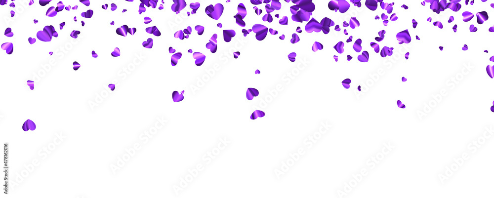 Purple foil hearts confetti on white banner background.