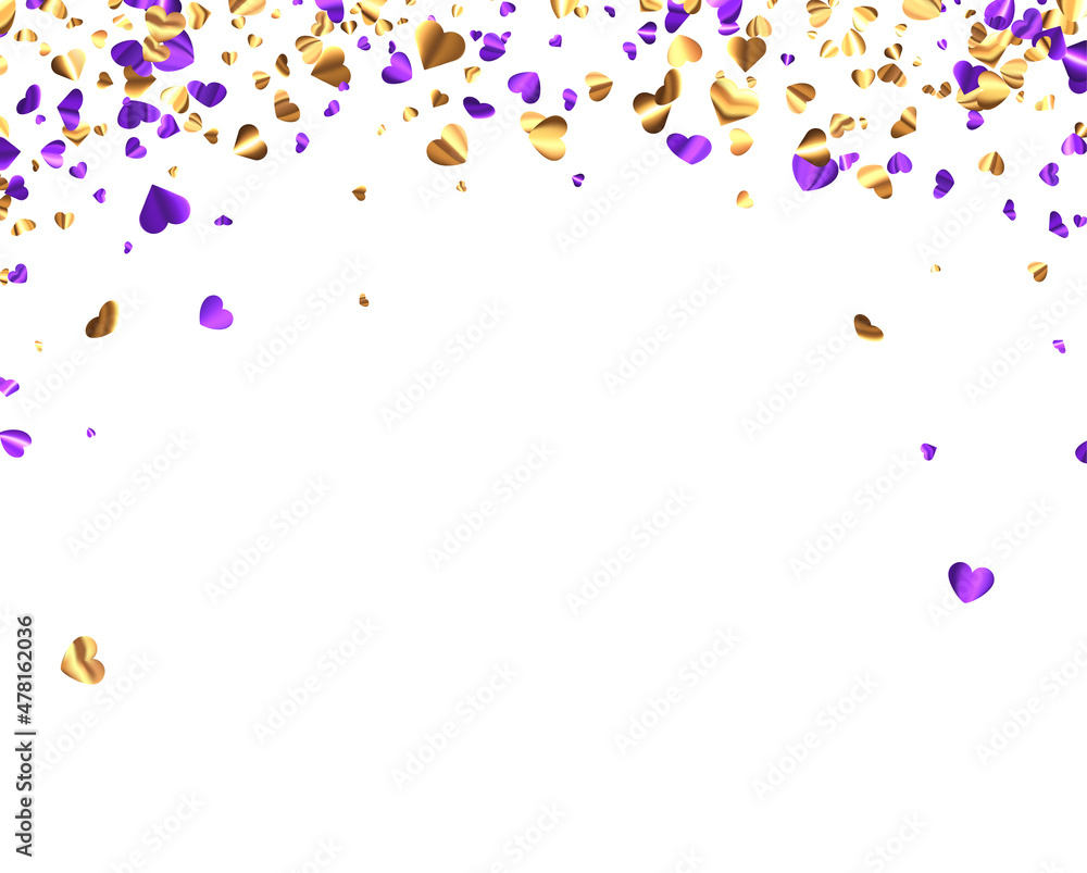 Purple and golden foil hearts confetti on white background.