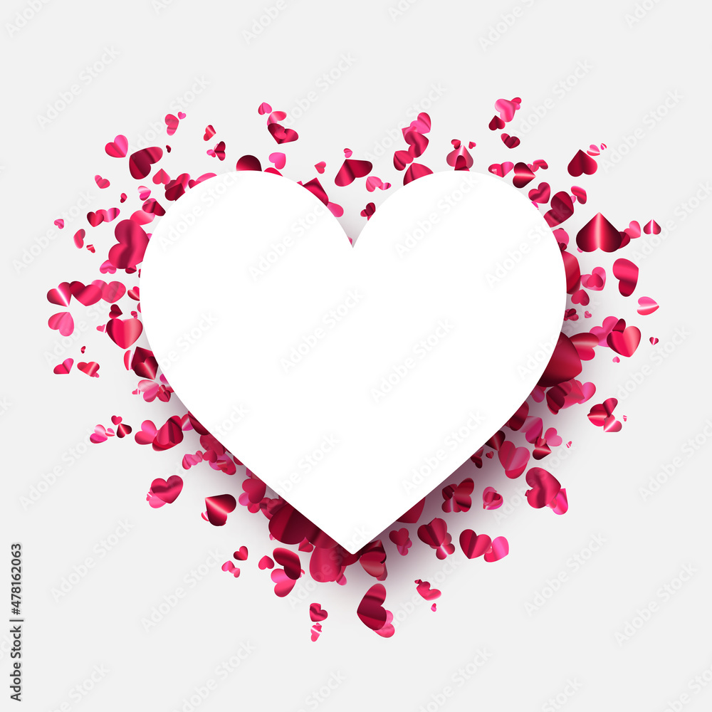 Pink foil hearts confetti heart shape frame with space for text.