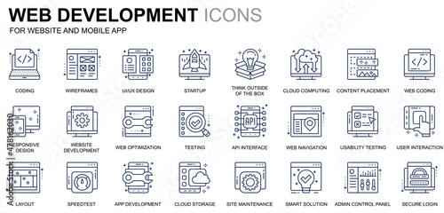 Simple Set Web Disign and Development Line Icons for Website and Mobile Apps. Contains such Icons as Coding, App Development, Usability. Conceptual color line icon. Vector pictogram pack.