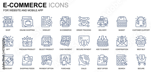 Simple Set E-Commerce and Shopping Line Icons for Website and Mobile Apps. Contains such Icons as Delivery, Payment, Basket, Customer, Shop. Conceptual color line icon. Vector pictogram pack.
