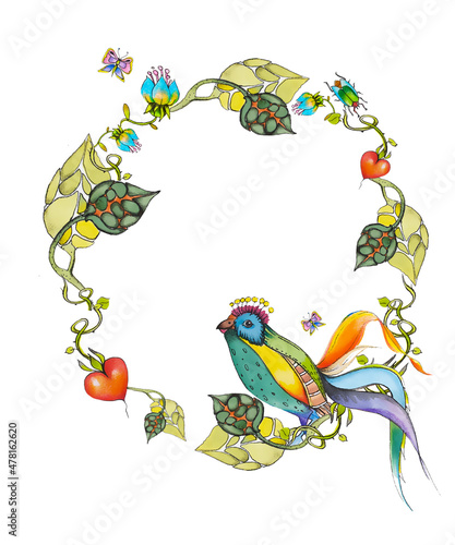 Raster watercolor decorative illustration with exotic plants  birds  butterflies. The picture is included in the set  Exotic birds with various elements . Pattern  background  frame  wreath  doodle.