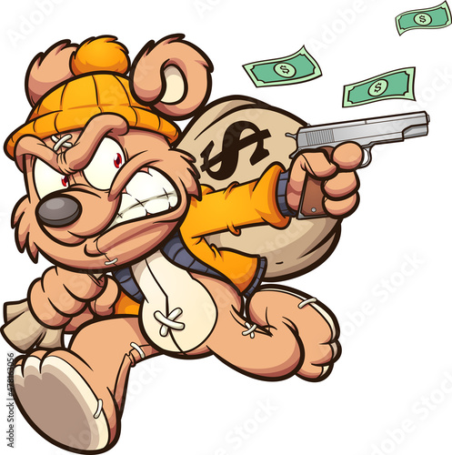 Teddy bear stealing a big bag of money. Vector illustration with simple gradients. All on a single layer.