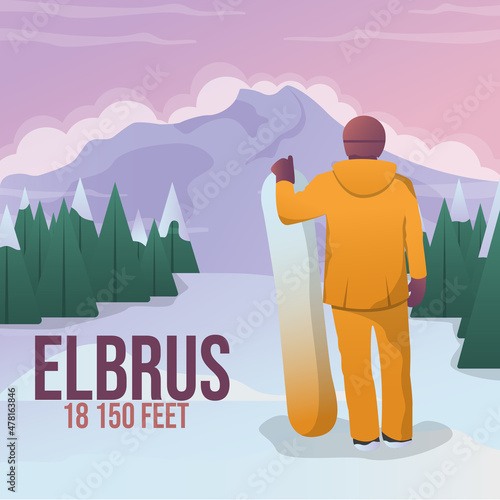 Elbrus mountains tree human man nature winter snow snowboard