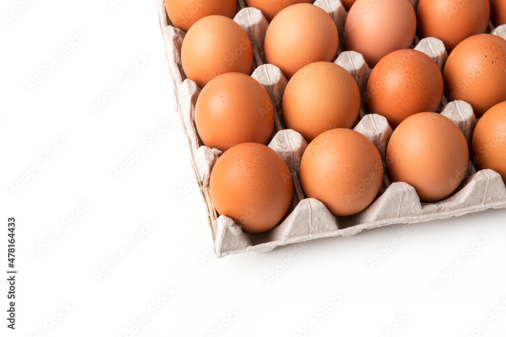 Egg box with brown eggs isolated on white background. Fresh organic chicken eggs in carton pack with copy space