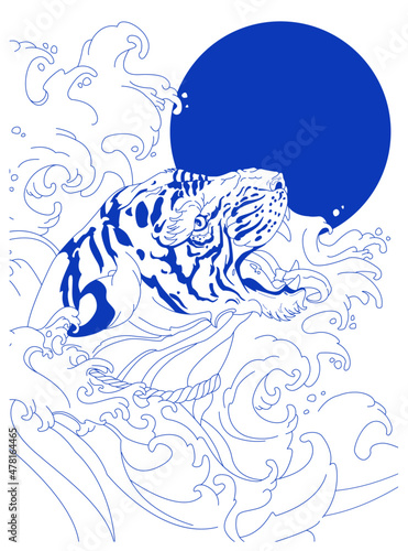 Vector illustration. A tiger in the waves of the ocean. Creative poster, composition on a T-shirt, print in a hand-drawn style.