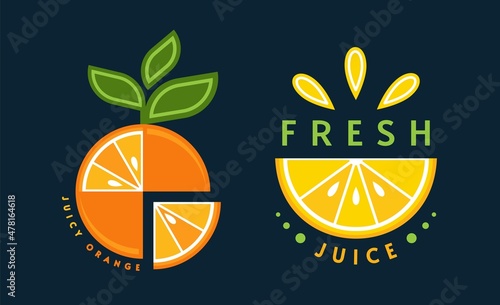 Set of logos, emblems, badges with orange, lemon, green leaves, fruit slices. Good for decoration of food packaging, groceries, agriculture stores, advertising. Flat style