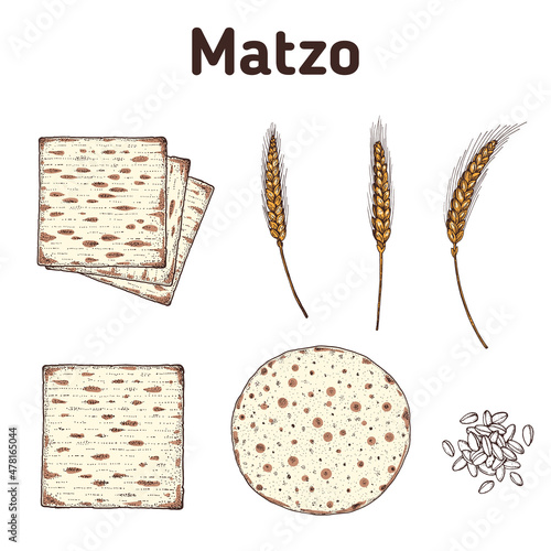 Matzo cooking and ingredients for matzo illustration. Middle eastern cuisine. Traditional passover food, design elements. Hand drawn, menu and package design. Jewish food.