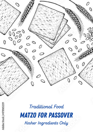 Matzo cooking and ingredients for matzo, sketch illustration. Middle eastern cuisine frame. Traditional passover food, design elements. Hand drawn, menu and package design. Jewish food.