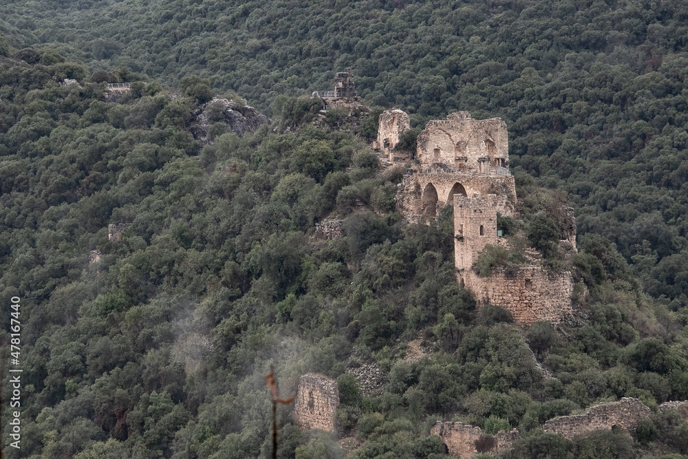 View of Montfort Crusader's Castle from Goren Park observation point on a rainy and cloudy winter morning, Shlomi, Western Galilee, Israel.