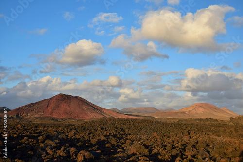 Beautiful volcanic landscape at sunset at the Parque Natural de Los Volcanes. Lanzarote, Spain.