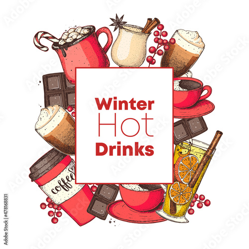 Mulled wine, winter hot drink. Hand drawn. Vector illustration. Christmas invitation design template. Christmas bar menu. Mulled wine, coffee and tea.
