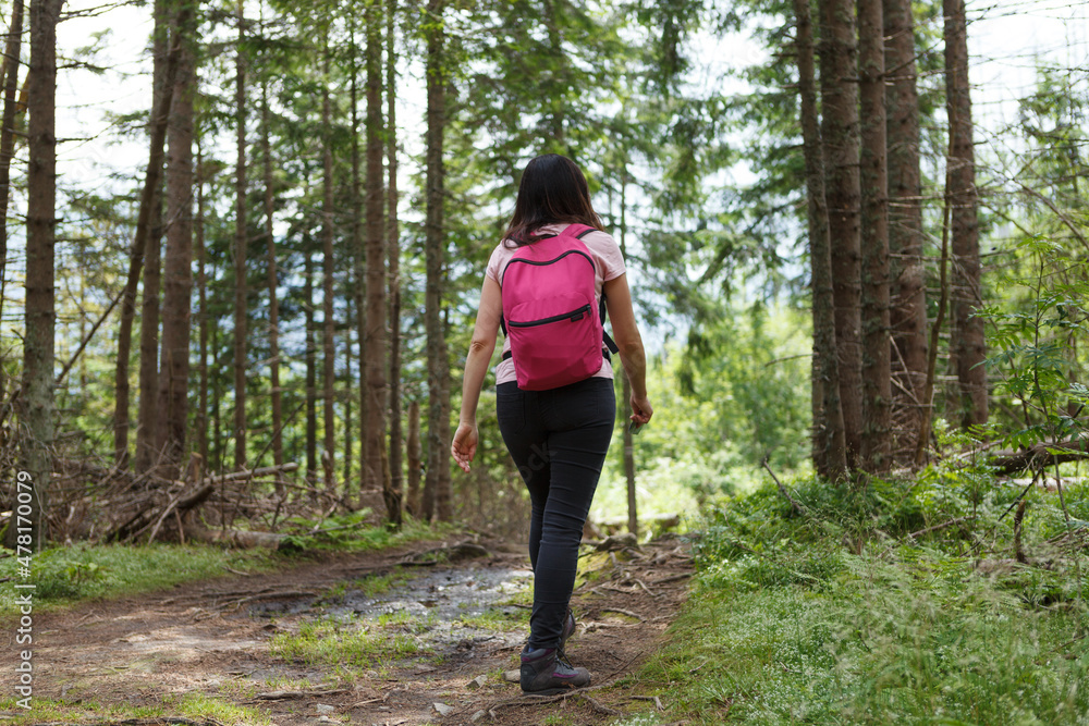 Woman who hikes on gravel mountain trail. Rearview Woman who hikes on gravel mountain trail. Rearview