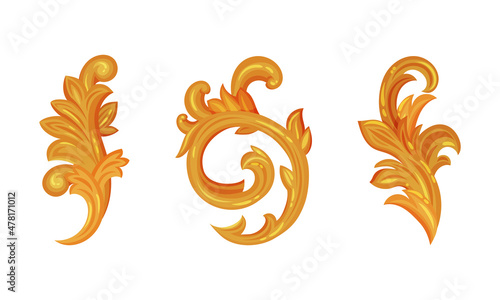 Gold Baroque Decorative Ornament with Floral Curve Vector Set