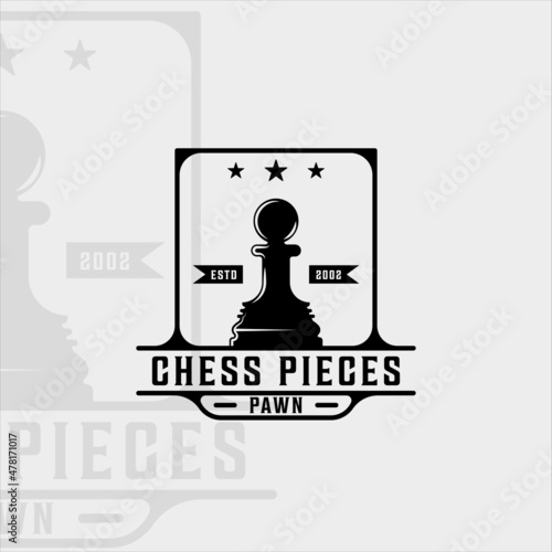 chess and pawn piece logo vintage vector illustration template icon graphic design.retro sign or symbol for chess tournament or club with badge black and white concept