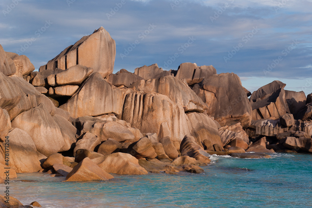 Scene of rocks at beaches on La Digue at Seychelles.
