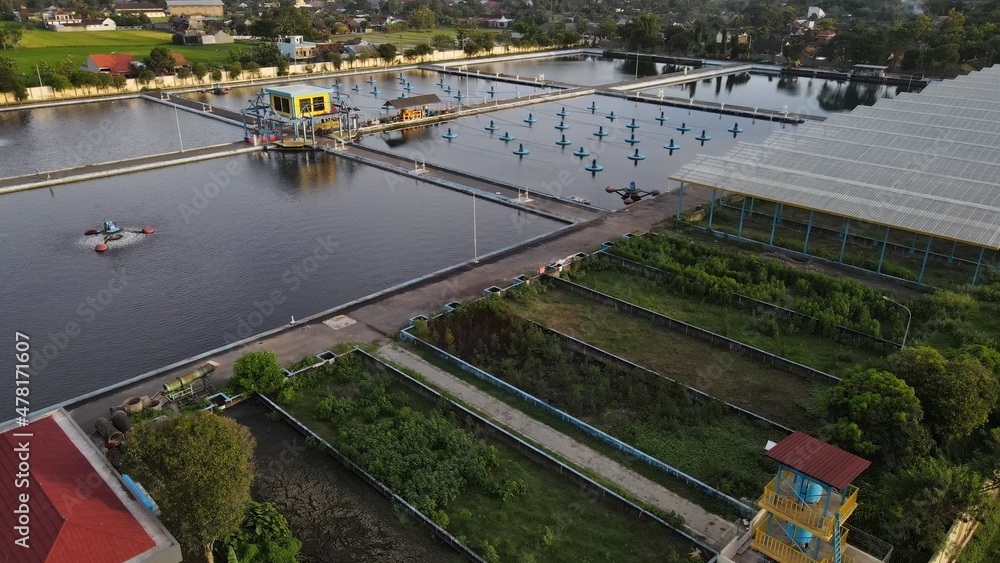 Aerial view wastewater treatment plant. Filtration of dirty water or waste water located in Bantul, Yogyakarta, Indonesia