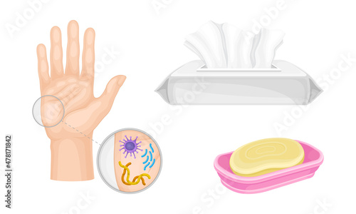 Bacteria and Microbes Examining on Hand and Soap with Wet Wipes Vector Set