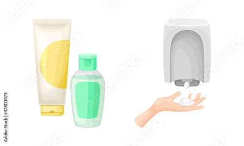 Hand Washing and Cleansing Using Soap Dispenser and Sanitizer in Bottle Vector Set