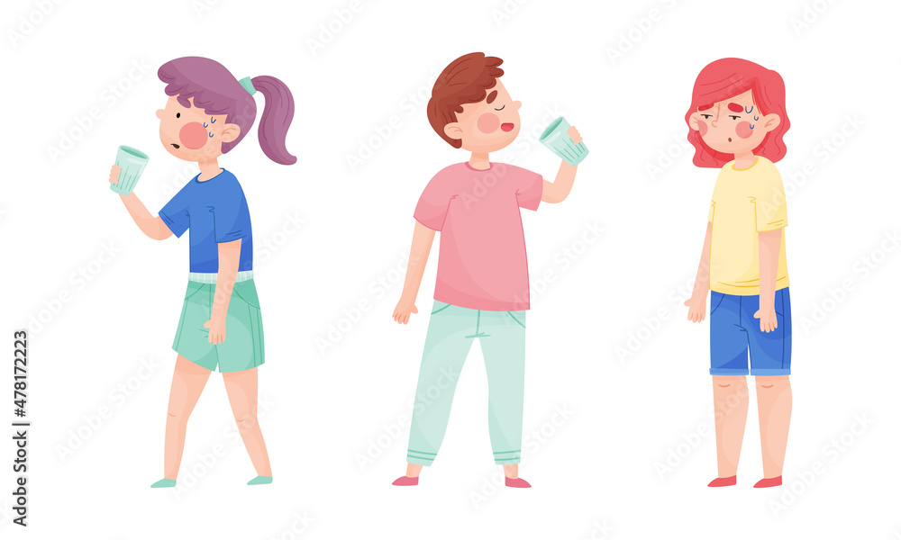 Young Sweating Man and Woman Suffering from Hot Summer Weather Drinking Water Vector Set Young Sweating Man and Woman Suffering from Hot Summer Weather Drinking Water Vector Set