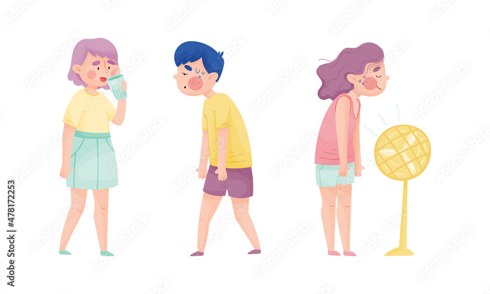 Young Sweating Man and Woman Suffering from Hot Summer Weather Drinking Water and Standing Near Fan Vector Set Young Sweating Man and Woman Suffering from Hot Summer Weather Drinking Water and Standing Near Fan Vector Set