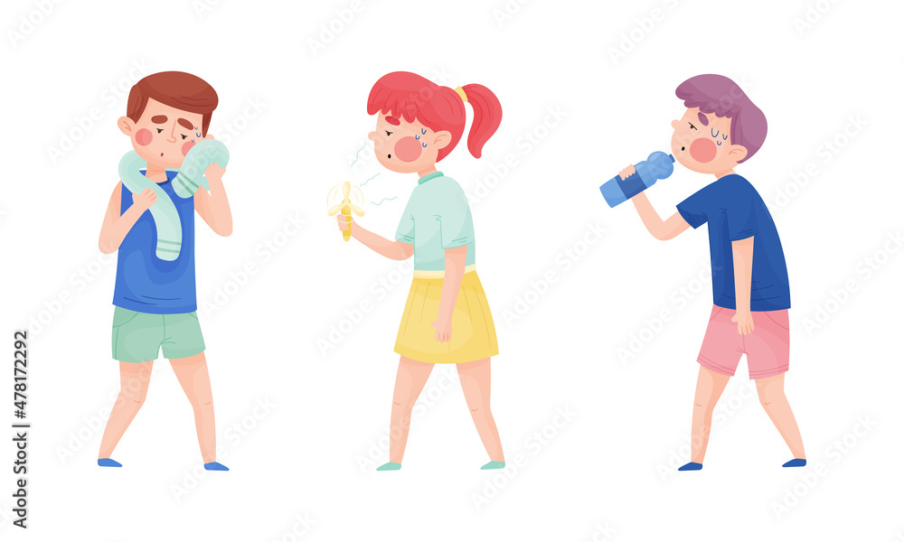 Young Sweating Man and Woman Suffering from Hot Summer Weather Drinking Water and Walking with Fan Vector Set Young Sweating Man and Woman Suffering from Hot Summer Weather Drinking Water and Walking with Fan Vector Set