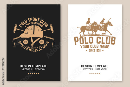 Set of Polo club sport badges, patches, emblems, logos. Vector illustration. Vintage monochrome equestrian label with rider and horse silhouettes. Concept for shirt or logo, print, stamp or tee.