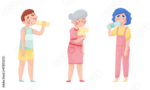 Sweating Man and Woman Suffering from Hot Summer Weather Drinking Water and Waving Hand Fan Vector Set